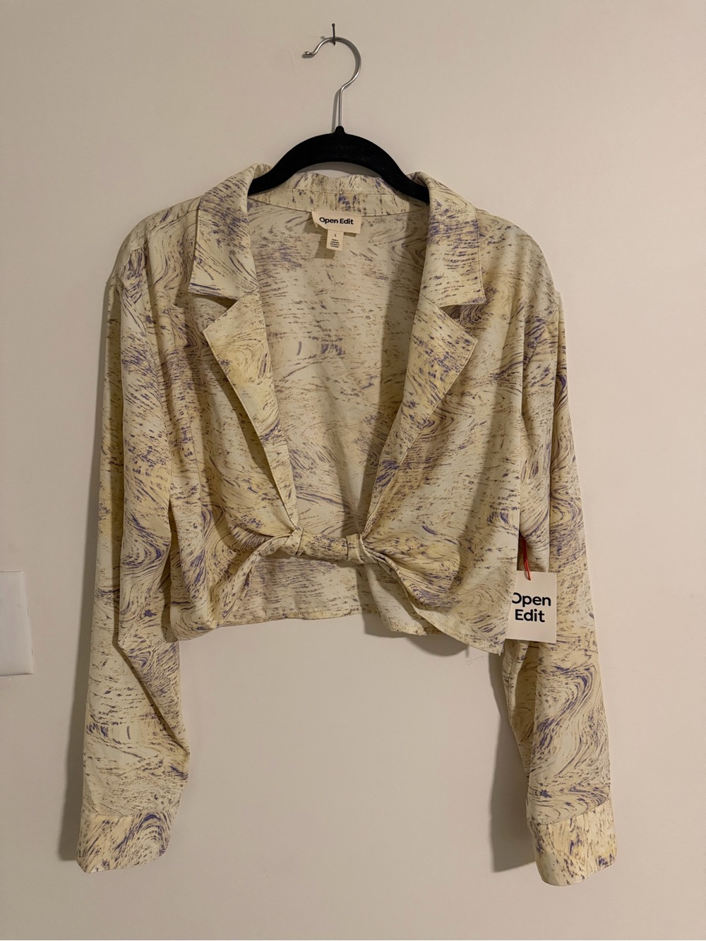 Nordstrom Open Edit Marble Print Twist Front Crop Top Cream Purple NWT Size L